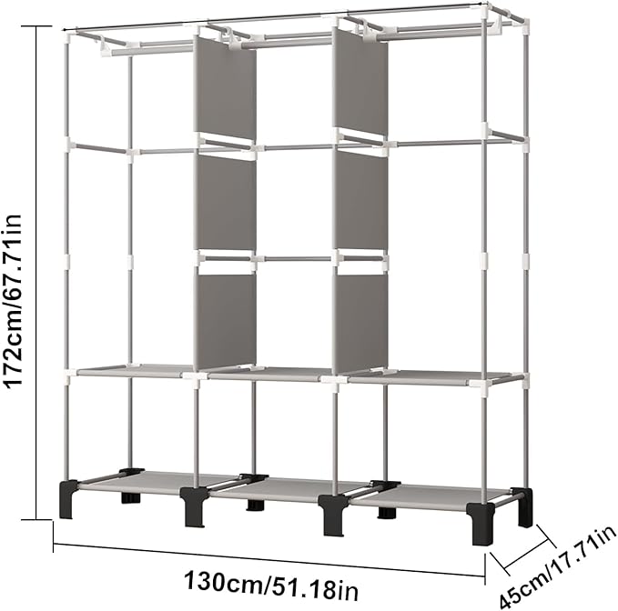 Portable Closet Wardrobe Closet for Hanging Clothes with 3 Hanging Rods for Bedroom, Non-Woven Fabric Clothes Closet for Living Room Easy Assemble (Black, 3 Columns, 51.2 inch Width)