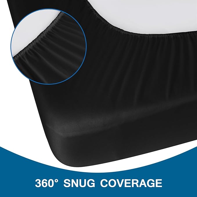 Twin Fitted Sheet Only, Twin Size Sheets for Kids Up to 14 Inches Deep Procket, Single Bed Mattress Sheets Stretchable Breathable Cover, Black