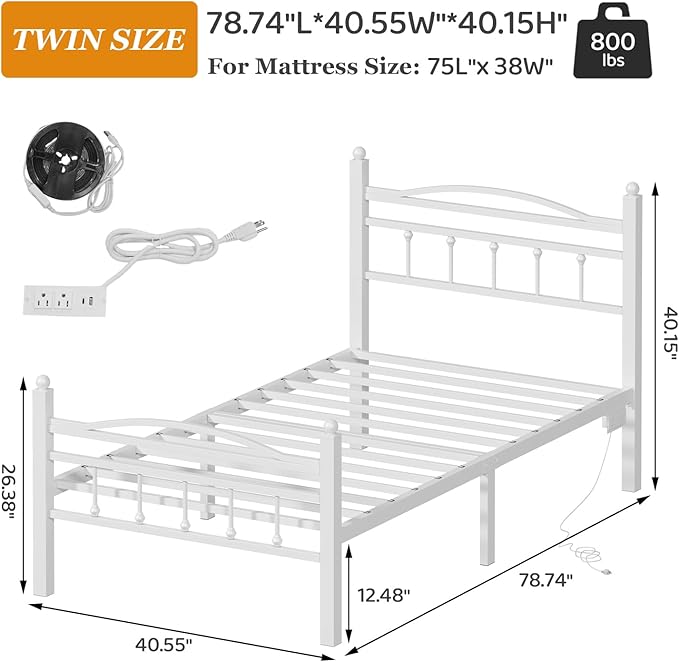 Jenmit Twin Bed Frames with Headboard, LED Bed Frame with Charging Station, Metal Platform, Under-Bed Storage, No Box Spring Needed, Noise Free, Easy Assembly, White