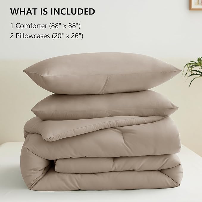 CozyLux Queen Comforter Set Khaki, 3 Pieces Solid Comforters Queen Size Breathable Quilted Bedding Sets, Luxury Soft Lightweight Bed Set with Down Alternative Comforter and 2 Pillowcases All Seasons