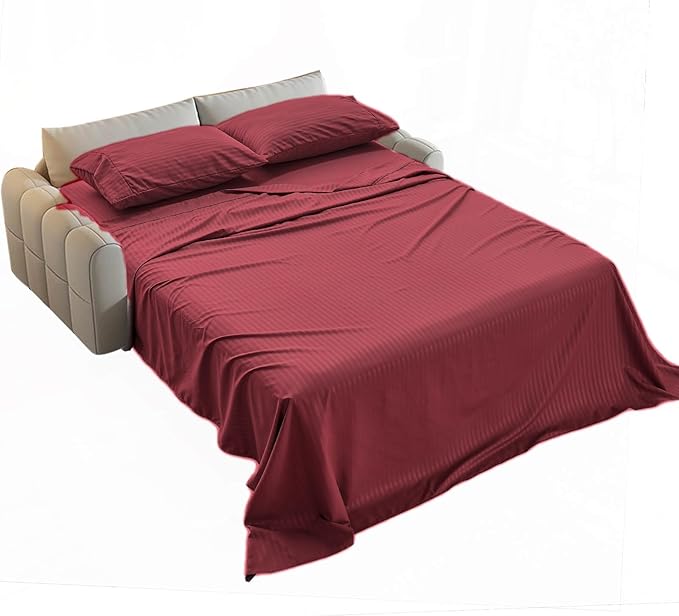Kingnex Striped Sofa Bed Sheets Queen for Sleeper Sofa Bed Soft Double Brushed 4 Piece Bedding Pillowcase Set (60"x74"x6") Burgundy