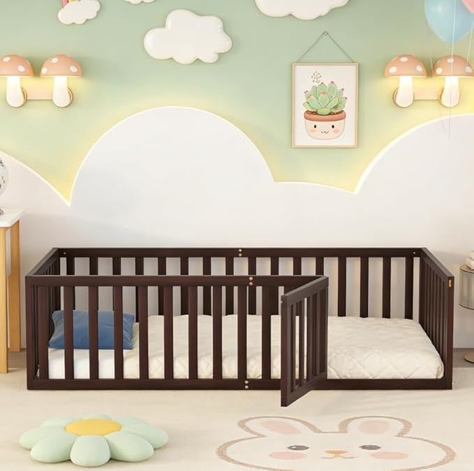 Bellemave Twin Size Montessori Floor Bed with 21.7" High Rails, Pine,Plywood Floor Bed with Small Door, Walnut
