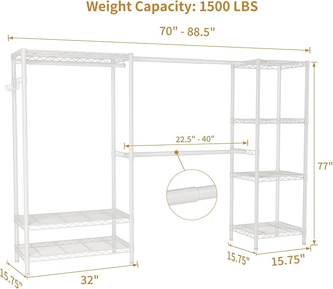 Golpart Heavy Duty Garment Rack Clothes Rack,Large Metal Closet Organizer System Storage Wardrobe,Freestanding Clothing Rack with 9 Adjustable Wire Shelves&3 Hang Rods,MaxLoad 1500lbs White