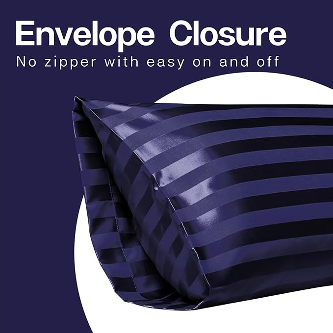 MR&HM Satin Body Pillow Cover, 20x54 inches Body Pillow Case for Adults, Silk Satin Cooling Body Pillow Pillowcase with Envelope Closure (20x54, Navy Blue Striped)