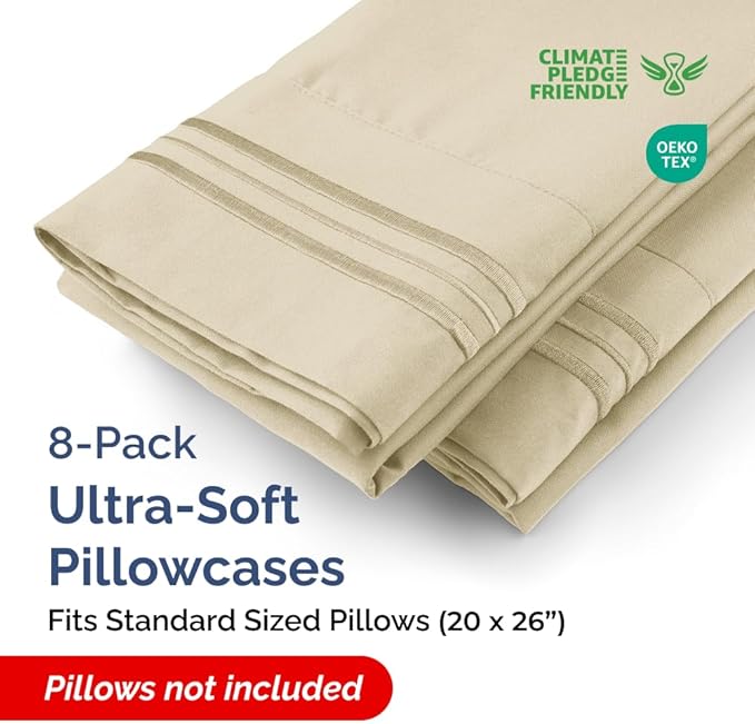 Standard Pillow Cases Set of 8 - Ultra Soft Hotel Quality Pillowcase Covers - Comfy, Cozy & Wrinkle Free - Shrink, Stain and Fade Resistant - Machine Washable Pillow Protectors - 8 Piece Set - Cream