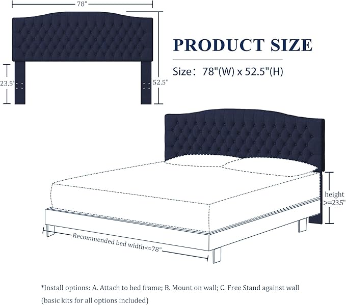 Furpopup Linen Upholstered Headboard King/Cal King Size Latest Model Wall Mount, Bed Frame Mount, Featuring High-Density Sponge Padding, Luxury Texture Easy Assembly Comfort and Style-Navy Blue
