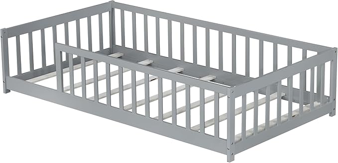 Bellemave Twin Floor Bed with Slats and Guardrails, Wood Montessori Floor Beds with Fence, Easy Assemble Floor Bed for Kids, Girls, Boys, Gary