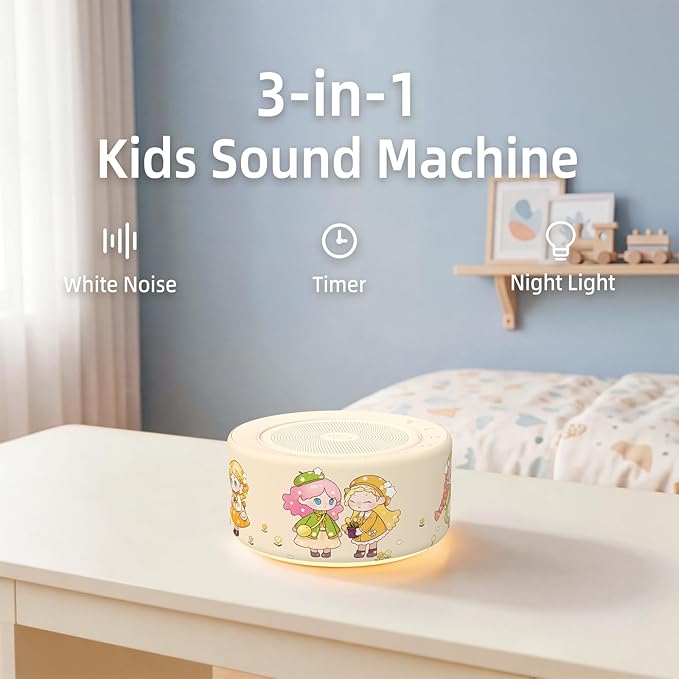 Kipcush White Noise Machine - Soft Non-Glare Nursery Lamp, 30 Soothing Sounds, 8 Color Lights, Max 8-Hour Timer for Baby & Adults (Little Girl, Standard)