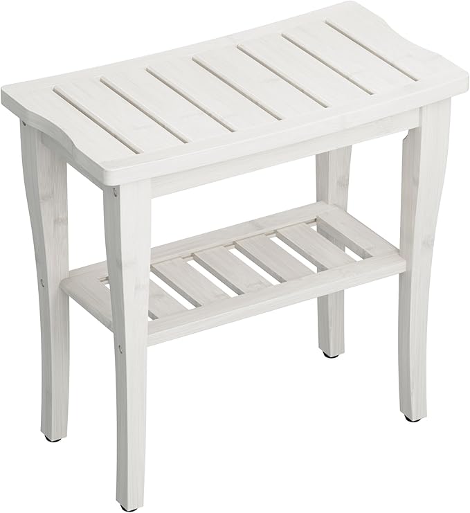 Bamboo Shower Bench Stool with Storage Shelf, Waterproof Shower Chair Spa Bath Seat, Shower Stool for Inside, Bathroom Bench Seat for Adults Elderly Seniors for Indoor or Outdoor Use(White)