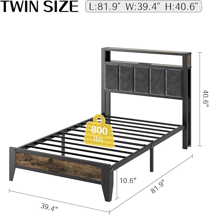 OLEVS Twin Bed Frame with LED Light Storage Headboard and Charging Station Type C, Metal Platform Bed Twin Size,No Box Spring Needed, Noise Free, Easy Assembly