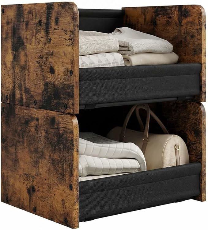 FOUCSSOMEI 2-Tier Stackable Closet Organizer and Storage Stackable Shelves – Heavy-Duty Darwers Wood & Metal, Easy Assembly, Space-Saving Vertical Storage for Bedroom, Closet, Patent Design