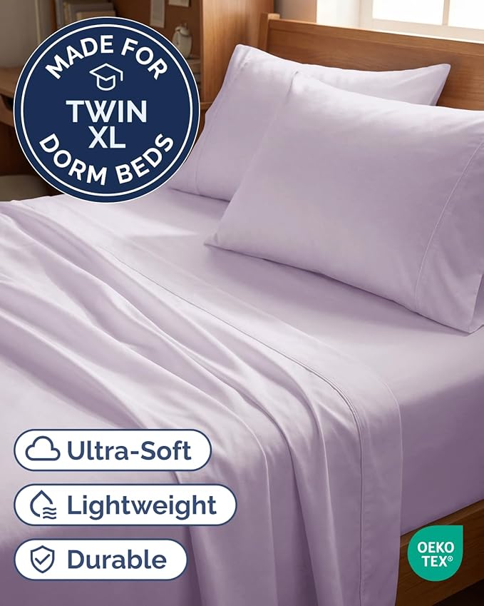 Twin XL 4 Piece Sheet Set - Comfy, Breathable & Cooling - Soft Hotel Luxury Bedding for Women, Men, Kids, Teens & Children - 1 Flat & 1 Fitted Sheet & 2 Pillowcases w/ Deep Pockets - Light Lavender