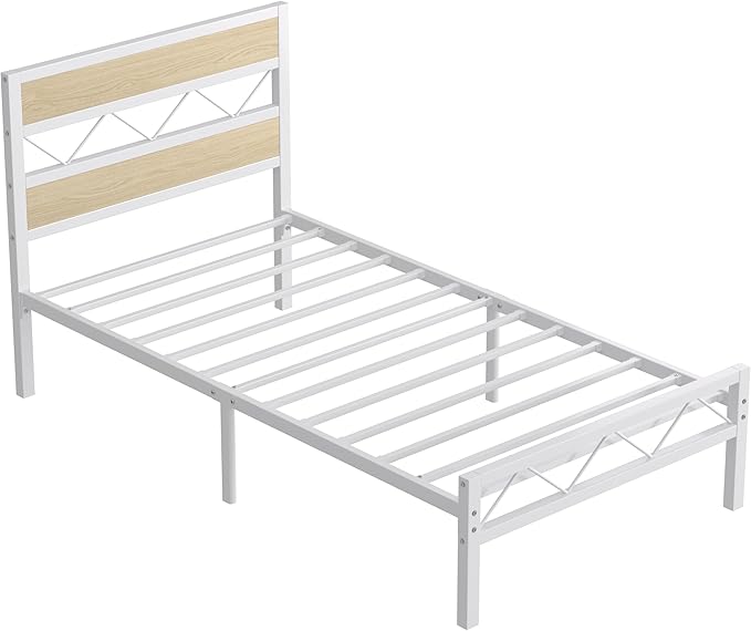 VECELO Twin Size Bed Frame with Headboard, Heavy-Duty Platform Bedframe with Metal Slats Support, No Box Spring Needed, Easy Assembly, White & Natural