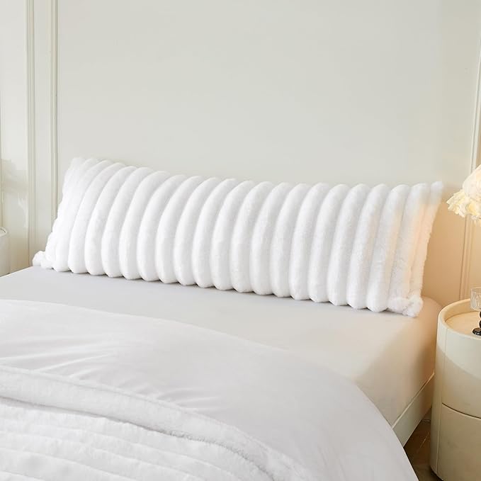 MEGO Fluffy Faux Rabbit Fur Body Pillow Cover, Soft Plush Fuzzy Wide Striped 20x54 Zippered Body Pillowcase, Decorative Shaggy Furry Bedroom Long Pillow Cover for Pregnant Women Side Sleeper, White
