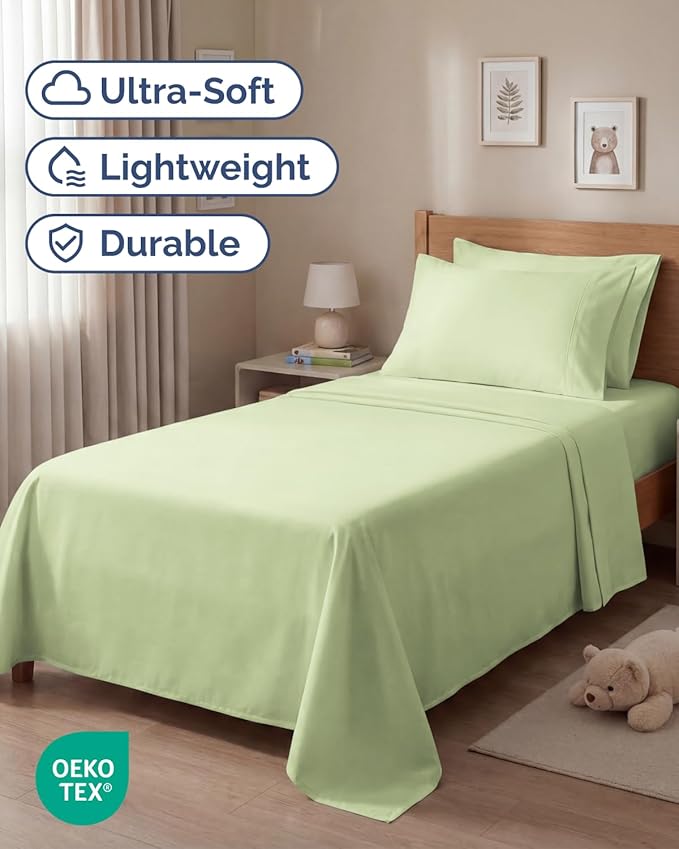 Twin 4 Piece Sheet Set - Comfy, Breathable & Cooling - Hotel Luxury Bedding for Women, Men, Kids, Teens & Children - 1 Flat & 1 Fitted Sheet & 2 Pillowcases w/ Deep Pockets - Wrinkle Free - Light Sage