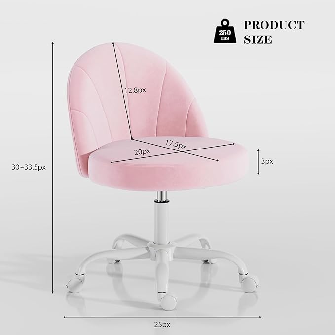 Velvet Vanity Chair with Wheels, Height Adjustable Swivel Makeup Chair, Armless Small Desk Chair for Bedroom/Office/Vanity Table, 250 lbs Capacity (Velvet, Pink)