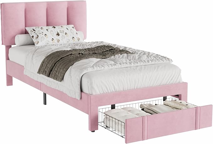 VECELO Twin Size Bed Frame with Storage Drawer, Heavy-Duty Bedframe with Tufted Headboard & Wooden Slats & Steel Framework, No Box Spring Needed, Pink