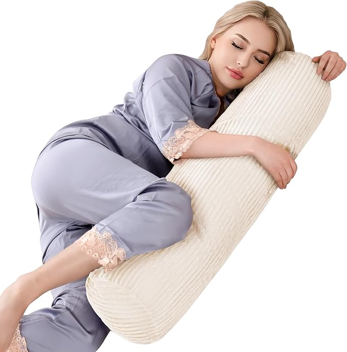 1 MIDDLE ONE Body Pillow for Adults, Long Bolster Pillow for Bed, Decorative Round Roll Hug Pillow with Corduroy Cover (Off-White, 35x7.87 Inch)
