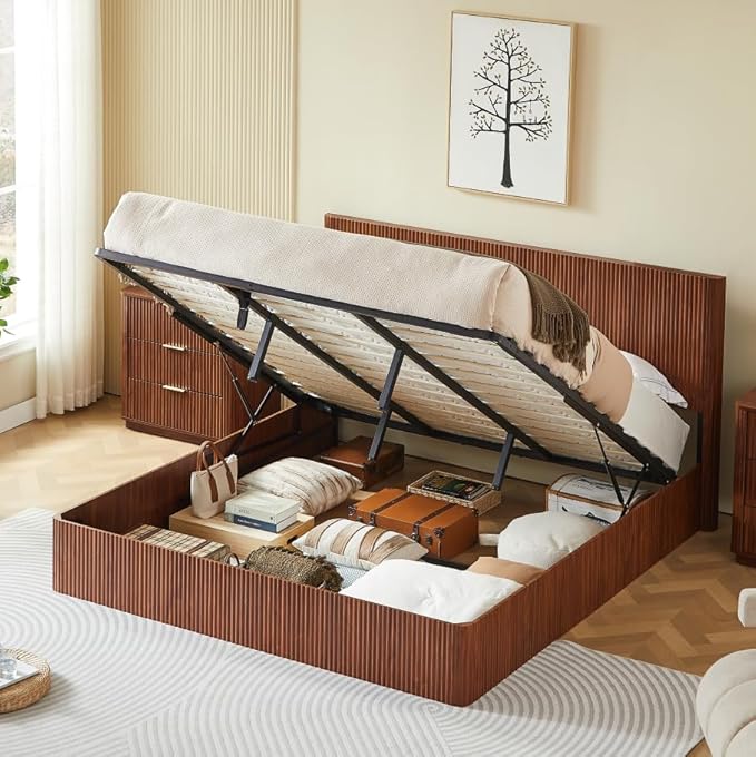 Bellemave King Lift Up Storage Bed, Walnut Wood Lift Up Bedframe King, Wooden Corrugated Curved Lines, Hydraulic Storage,Walnut