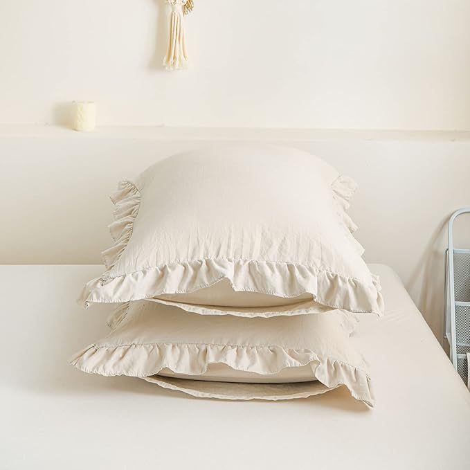 Cream King Ruffled Shams - Set of 2, Cute Solid Fringe Design, Beige Grey - Shabby Chic Pillowcases (King, 20''x36'')