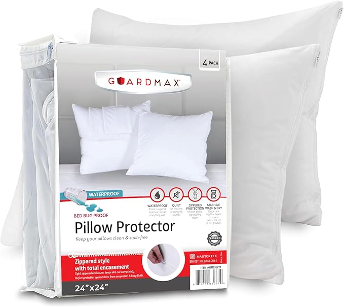 Guardmax Jersey Knitted Throw Pillow Protector with Zipper - 4 Pack -100% Waterproof, Bed Bug Proof, Dust Mite Proof, & Hypoallergenic Pillow Covers - Premium Zippered Pillow Cases. (24 X 24)
