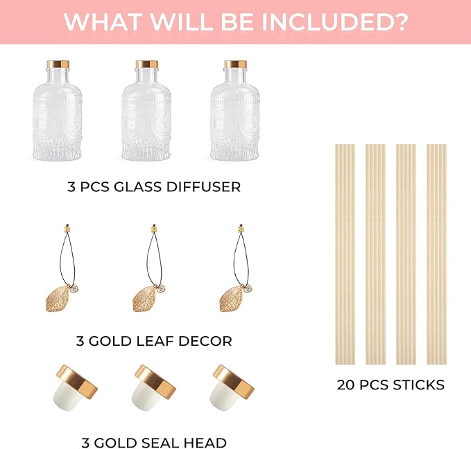 Glass Reed Diffusers Bottles for Home, Diffuser Bottles with 20PCS Reed Diffuser Sticks, Glass Bottle with Lids Apothecary Jar Flower Bud Vases, Set of 3