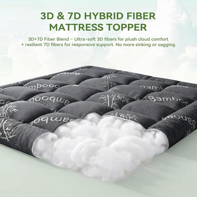 BDEUS Twin Mattress Topper Viscose Derived from Bamboo, 100% Waterproof Thick Pillow Top Mattress Pad for Back Pain Relief, Naturally Cooling for Hot Sleepers, Grey