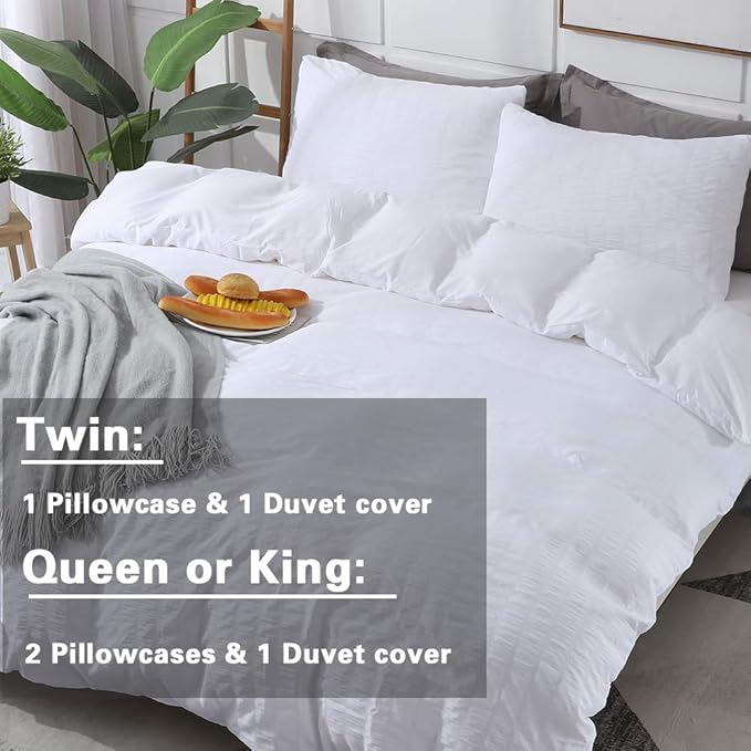 AveLom White Duvet Cover Twin Size (68 x 90 inches)，2 Pieces (1 Duvet Cover, 1 Pillow Case) Stripe Textured Soft Washed Microfiber Duvet Cover with Zipper Closure Corner Ties