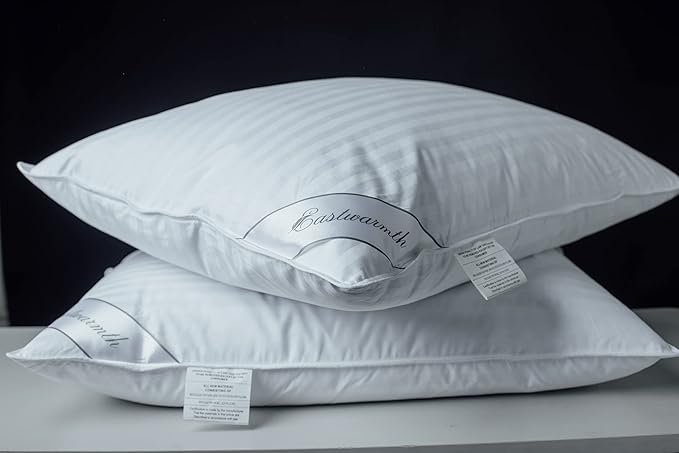 Goose Feather Blend with Polyester Bed Pillows 100% Cotton, Medium Firm Soft Support Queen Pack of 1, Stripe White