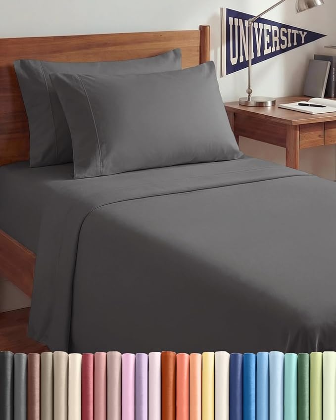Twin XL 4 Piece Sheet Set - Comfy Breathable & Cooling - Hotel Luxury Bedding for Women, Men, Kids, Teens & Children - 1 Flat & 1 Fitted Sheet & 2 Pillowcases w/ Deep Pockets, Wrinkle Free - Dark Grey