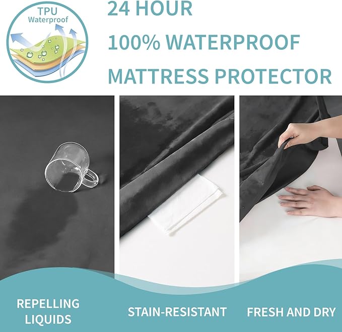 Twin XL Mattress Protector Waterproof- Washable 2 Pack Mattress Cover Twin XL Size Fitted Bed Pad Noiseless Plastic Protection Up to 18” Mattress Protector Soft&Breathable（Gray）