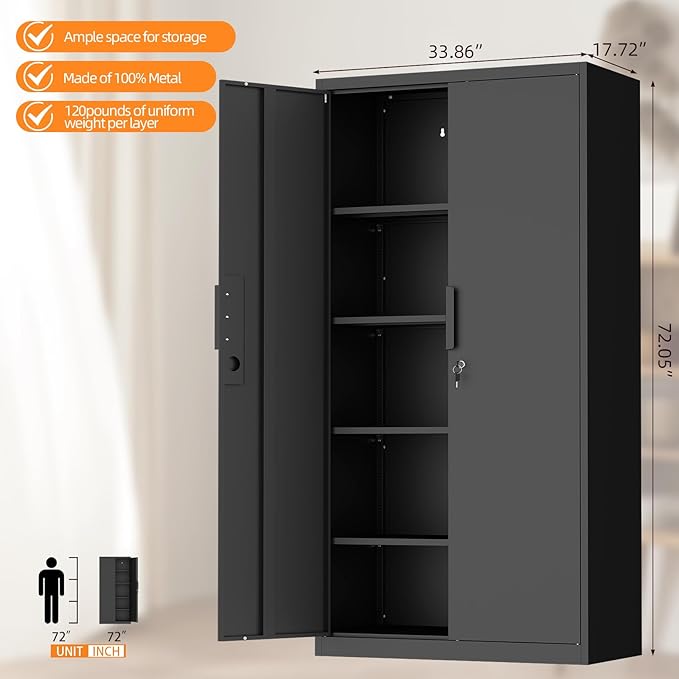 IRONFFICE 72" H Metal Garage Cabinet,Metal Lockable Storage Cabinet with 2 Doors, Locking Tall Garage Storage Cabinets with Adjustable Shelves,Tool Cabinets for Home Office,Gym,School (Black)