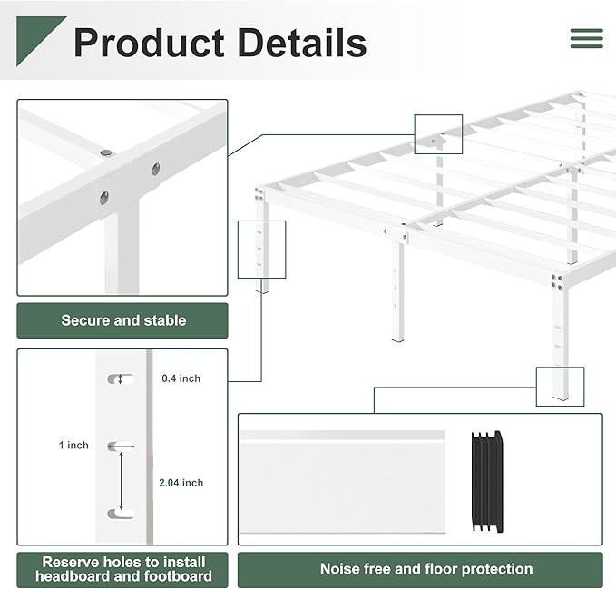Upcanso 16 Inch White Queen Bed Frame No Box Spring Required, Metal Platform Queen Size Bed Frames with High Storage, Eassy Assembly 3,500 lbs Heavy Duty Bedframes