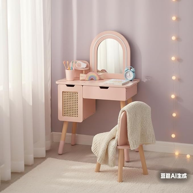 Kids Vanity Set with Lighted Mirror & Pretend Play Accessories, Pink Toddler Makeup Table and Chair Set with Storage Drawer, Princess Dressing Table for Little Girls Ages 3+