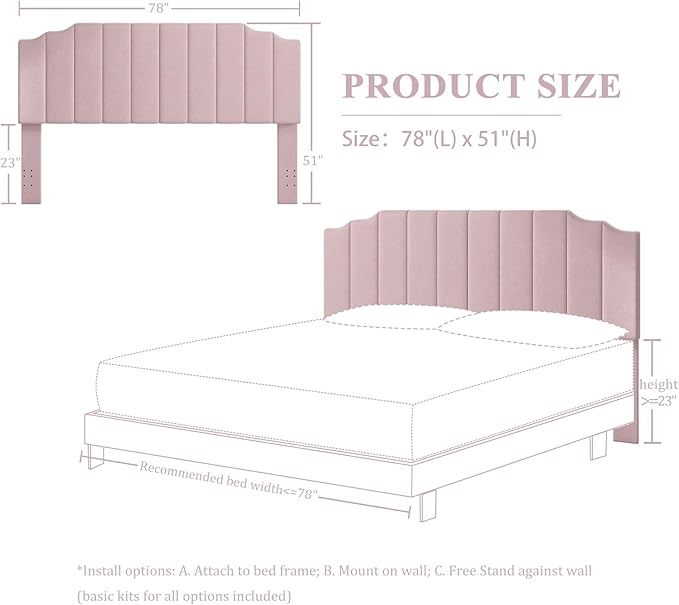 Befurtori King Size Headboard Only, Velvet Wall Mounted Headboard King for Adjustable Bed Modern Upholstered Head Board Easy Assembly, Pink