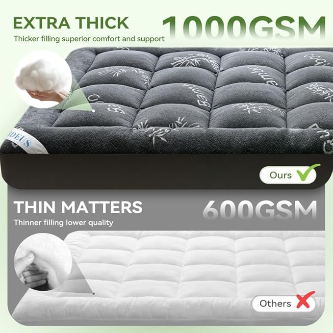 BDEUS Full Mattress Topper Viscose Derived from Bamboo, 100% Waterproof Thick Pillow Top Mattress Pad for Back Pain Relief, Naturally Cooling for Hot Sleepers, Grey