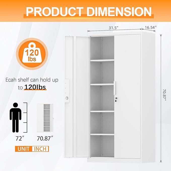 IRONFFICE Metal Locking Cabinet,Metal Storage Cabinet with Doors and Shelves,Tall White Cabinets for Home Office,Garage,Warehouse