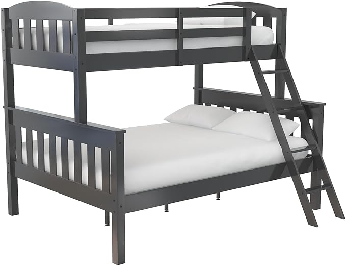 DHP Airlie Convertible Wood Bunk Bed Twin Over Full Size, Stackable and Detachable Bed Frames for Kids, Teens, Angled Ladder, High Guardrail, Wood Slats, No Boxspring Required, Grey