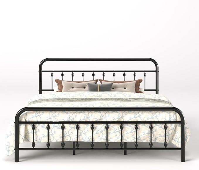 SHA CERLIN King Size Metal Platform Bed Frame with Victorian Style Iron-Art Headboard and Footboard, Easy Assembly, Under Bed Storage, No Box Spring Required, Black