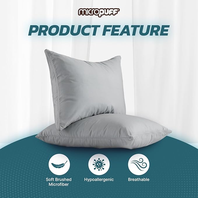 Micropuff Grey Queen Size Pillow Protectors with Zipper - 2 Pack - Soft and Breathable Hypoallergenic Pillow Cover. Pillowcase Protects Against Stains, Spills, and Perspiration. (20 x30)