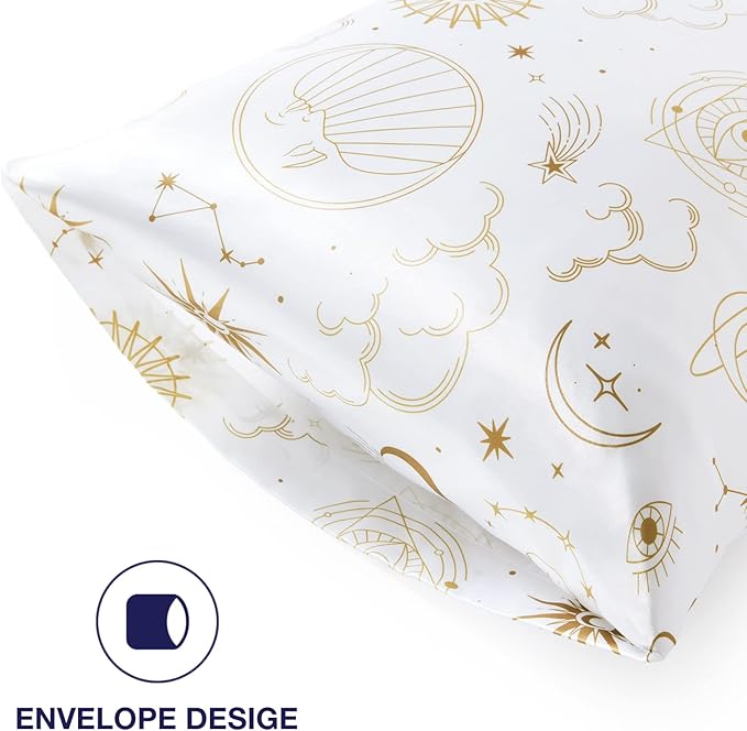 EXQ Home Silky Satin Pillowcase for Hair and Skin,Printed Pillow Cases Standard Size Set of 2 Pink Satin Pillow Case 2 Pack with Envelope Closure（ White Moon，20"x26"）