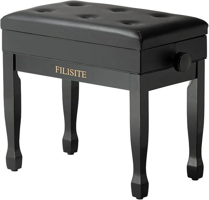 Adjustable Height Piano Bench Stool PU Leather Cushion Wooden Keyboard Seat with Music Storage (Black)
