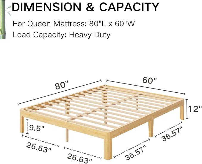 12 Inch High Bamboo Wood Queen Bed Frame, Steel Slats Support Queen Size Bed Frame, Solid Foundation, Noise Free, No Box Spring Needed, Easy Assembly