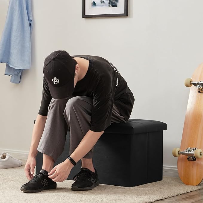 YOUDENOVA Folding Storage Ottoman, Faux Leather Ottoman Bench Footrest Ottoman, Storage Chest Padded Seat for Bedroom and Living Room, Black, 15" D x 30" W x 15" H