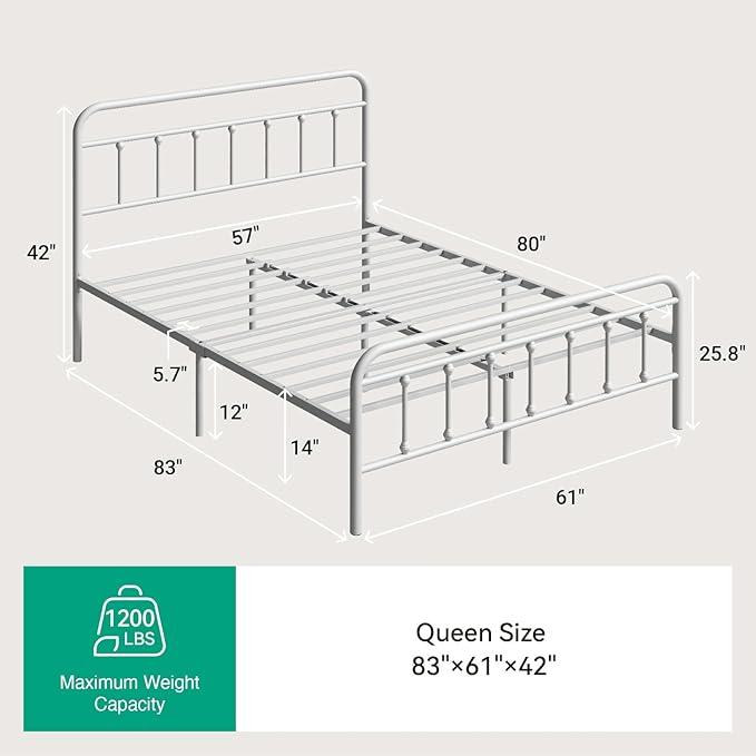 Novilla Metal Bed Frame Queen Size - Modern Minimalist Victorian Style with Headboard/Footboard, Heavy-Duty Steel Slats/Underbed Storage/No Box Spring Needed/Easy Assembly/Noise Free/White