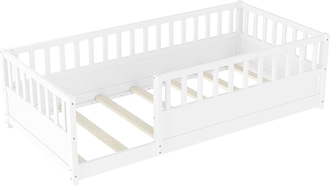 Bellemave Twin Floor Bed with high Fence, Solid Pine Wood Montessori Bed for Kids Girls Boys Floor Bed Frame, White with slats