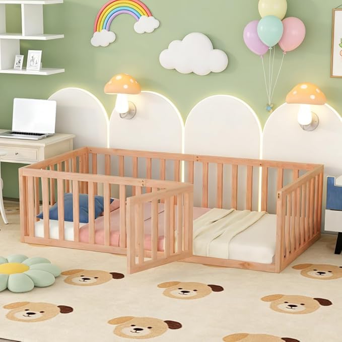 Bellemave Twin Size Montessori Floor Bed with 21.7" High Rails, Pine,Plywood Floor Bed with Small Door, Natural