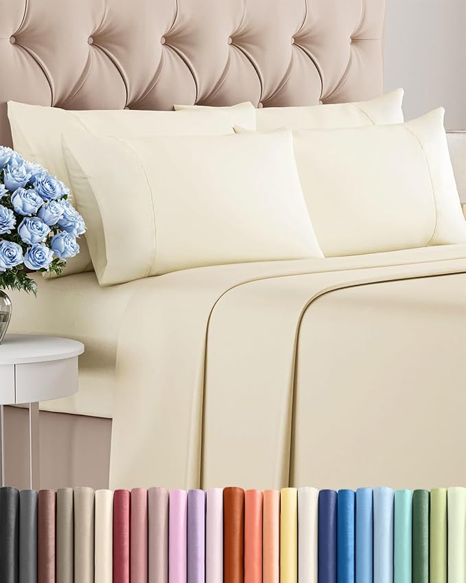 Full 6 Piece Sheet Set - Comfy, Breathable & Cooling - Hotel Luxury Bedding for Women, Men, Kids, Teens & Children - 1 Flat & 1 Fitted Sheet & 4 Pillowcases w/ Deep Pockets - Wrinkle Free - Off White