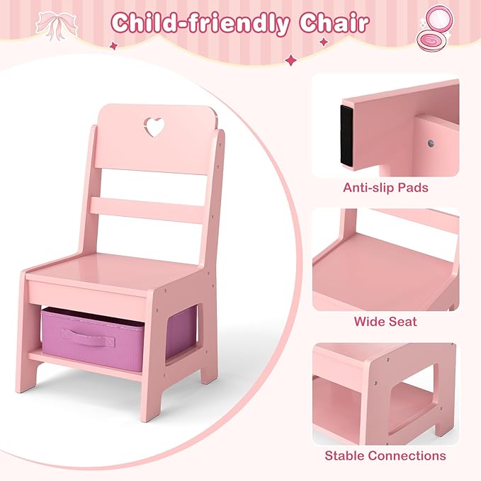 INFANS Kids Vanity with Lights, Princess Makeup Desk with Mirror, Jewelry Hanger, Fabric Drawers, Toddler Table and Chair Set Pretend Play for Girls