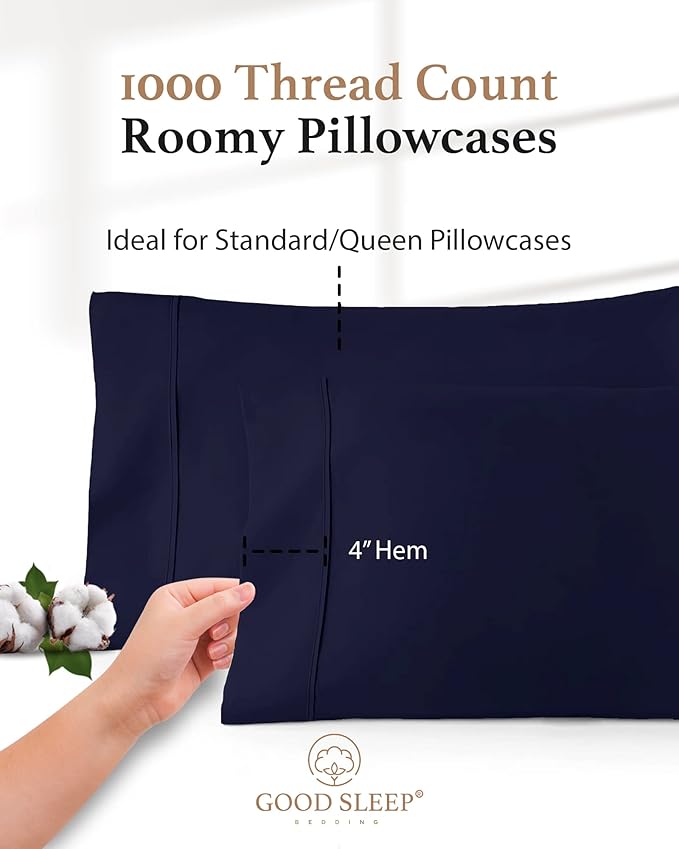 1000 TC Navy Blue Standard Pillowcases Set of 2 100% Egyptian Cotton Pillow Cases with Long Staple Cotton & Sateen Weave, Silky Soft Hotel - Like Bed Pillow Covers for Comfy Sleeping, Snug Fit